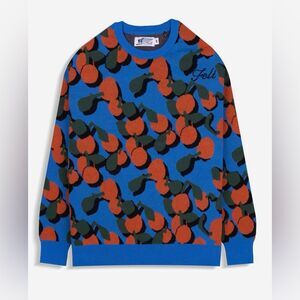 Felt Blue Sweater w/ All-Over Orange Print – Men’s Size Large